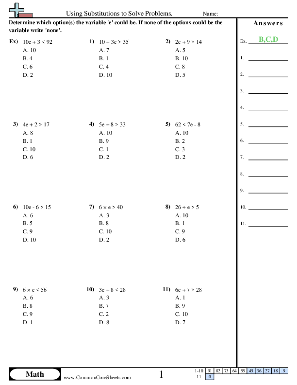 6.ee.5 Worksheets - Using Substitution to Solve Problems worksheet
